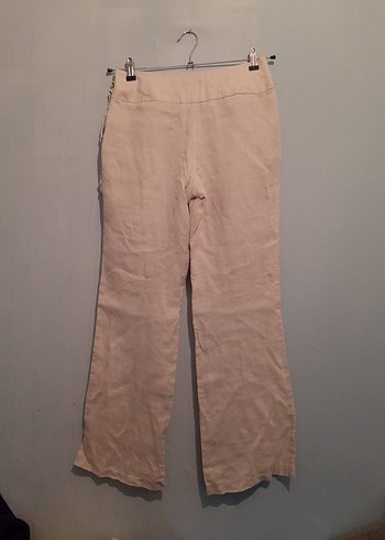 Bej Kemerli Bol Kesim Keten Pantolon - Görsel 2