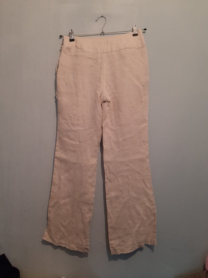 Bej Kemerli Bol Kesim Keten Pantolon - Görsel 2