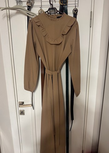 Camel Renk Kemerli Uzun Kollu Kadın Elbise