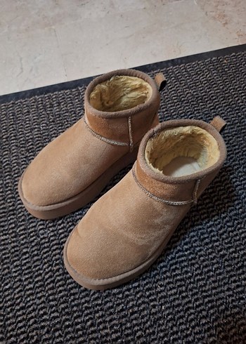 Bej Süet Kadın Kürklü kisa Bot - Görsel 6