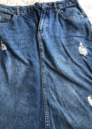 38 Beden Düğmeli Mavi Kadın Denim Midi Etek
