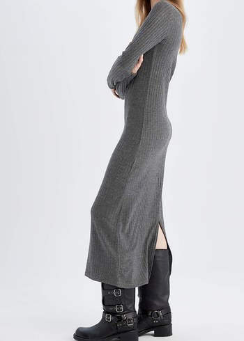 Uzun Kollu Gri Kadın Elbise - Görsel 2