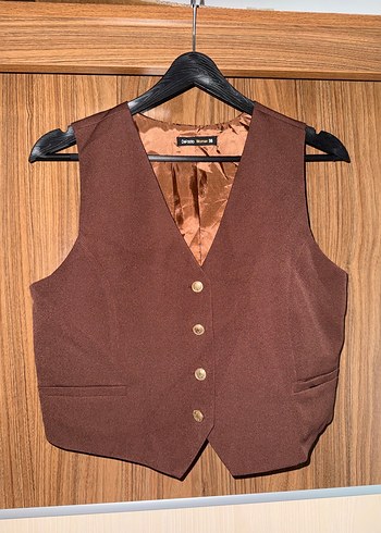 Kahverengi Düğmeli V Yakalı Kadın Yelek - Görsel 4