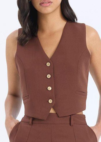 Kahverengi Düğmeli V Yakalı Kadın Yelek - Görsel 2