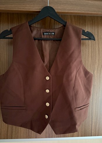 Kahverengi Düğmeli V Yakalı Kadın Yelek - Görsel 3