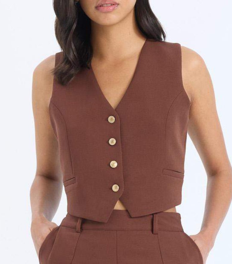 Kahverengi Düğmeli V Yakalı Kadın Yelek - Görsel 2