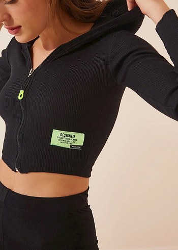 Fermuarlı Siyah Mini Spor Üst - Görsel 2