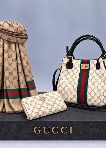 Gucci Monogramli Krem Siyah Siklik Seti