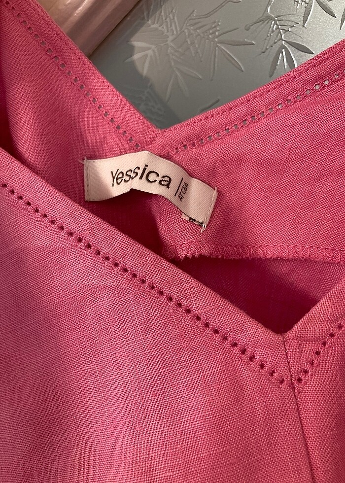 Pembe keten elbise - Görsel 3