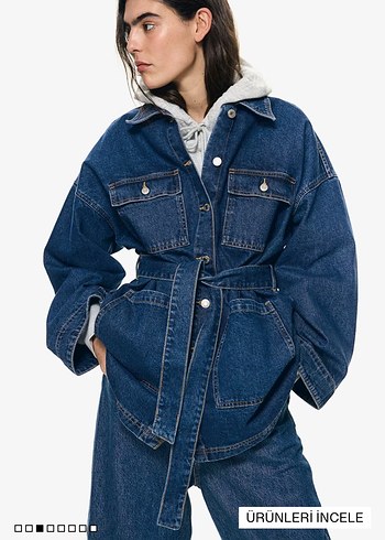 H&M Kadın Mavi Kot Ceket, Kuşaklı, Salaş Kesim - Görsel 2