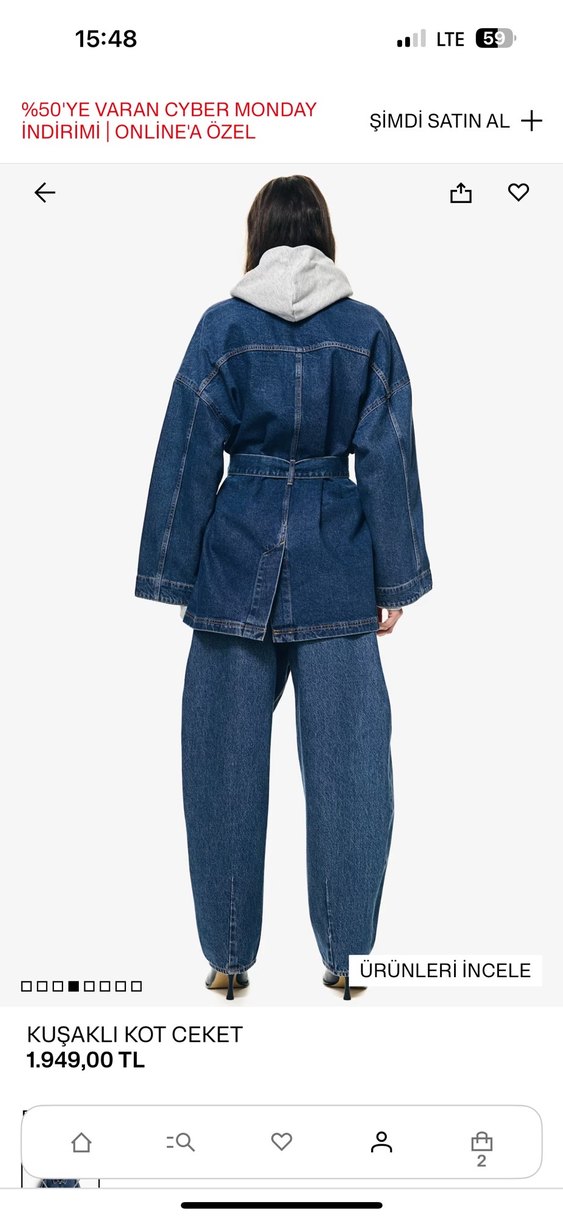 H&M Kadın Mavi Kot Ceket, Kuşaklı, Salaş Kesim - Görsel 3