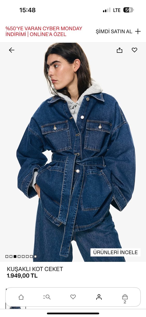 H&M Kadın Mavi Kot Ceket, Kuşaklı, Salaş Kesim - Görsel 2