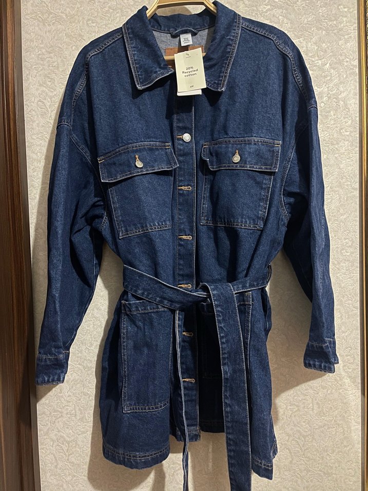 H&M Kadın Mavi Kot Ceket, Kuşaklı, Salaş Kesim - Görsel 4