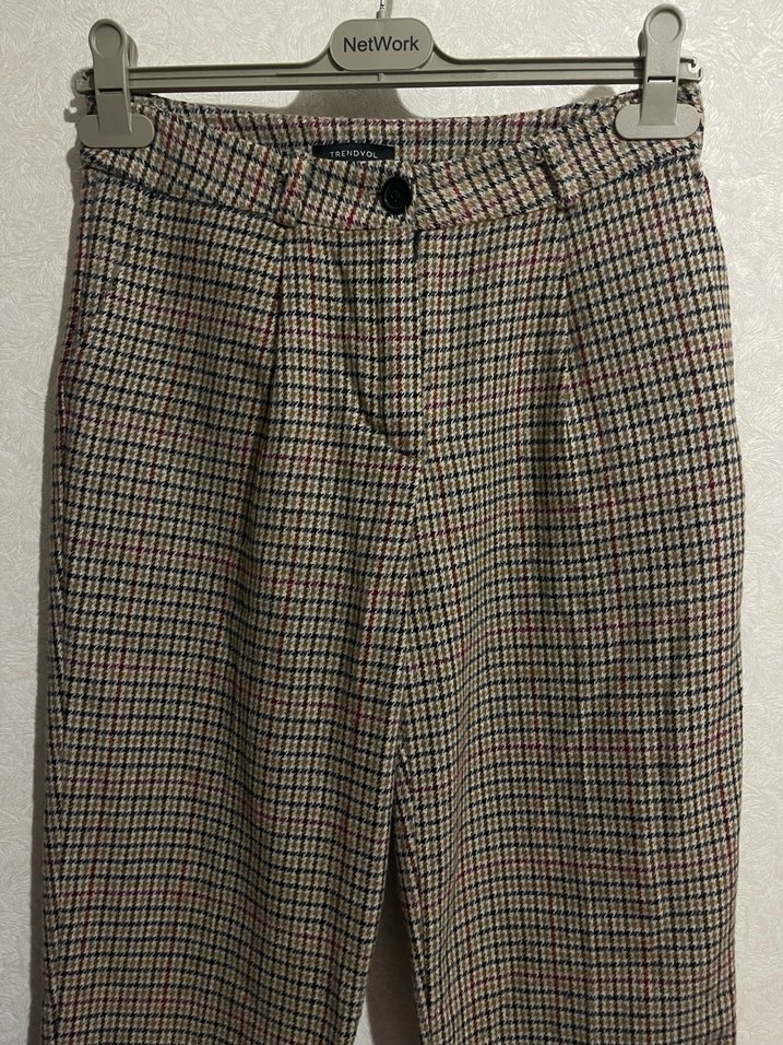 Kışlık Ekose Desenli kahverengi Kumaş Pantolon - Görsel 2