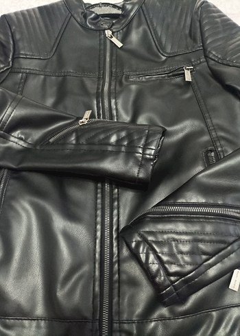 Siyah Parlak Deri Biker Ceket K - Görsel 3