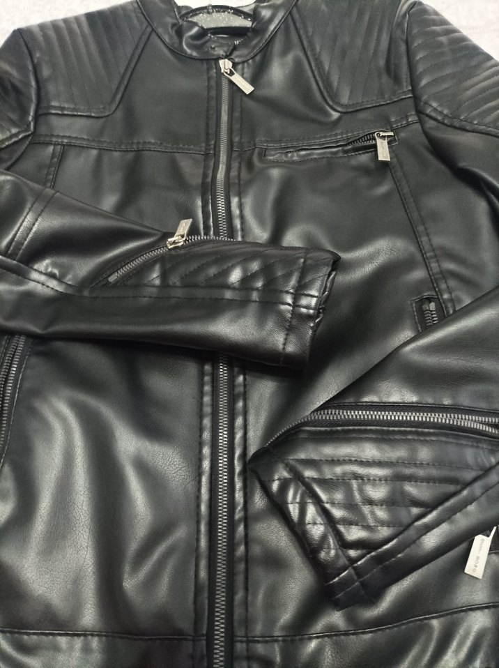 Siyah Parlak Deri Biker Ceket K - Görsel 3