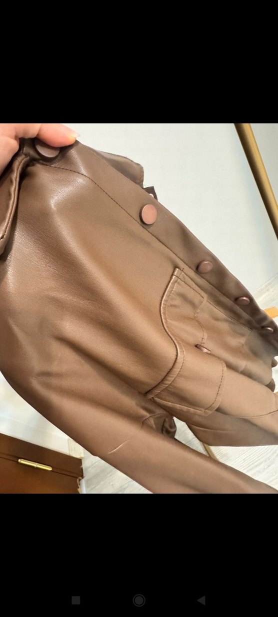 Düğmeli Kahverengi Kadın Deri Ceket - Görsel 2