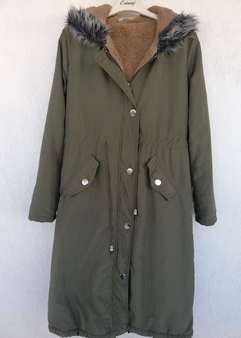 Düğmeli, Kapüşonlu Uzun Kadın Mont - Görsel 2