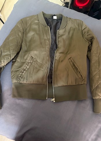 Kadın Haki Deri Fermuarlı Ceket H&M