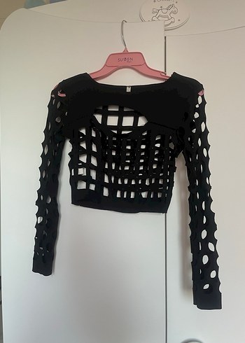 Uzun Kollu Siyah Gotik Mini Crop Top