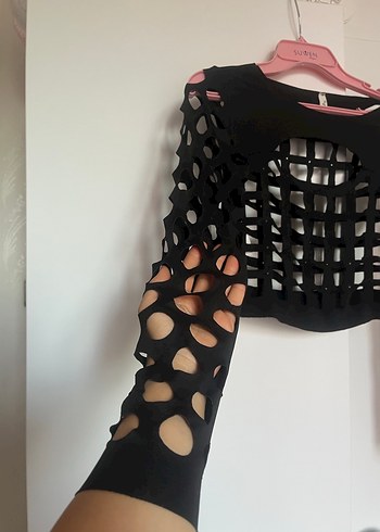 Sense Uzun Kollu Siyah Gotik Mini Crop Top