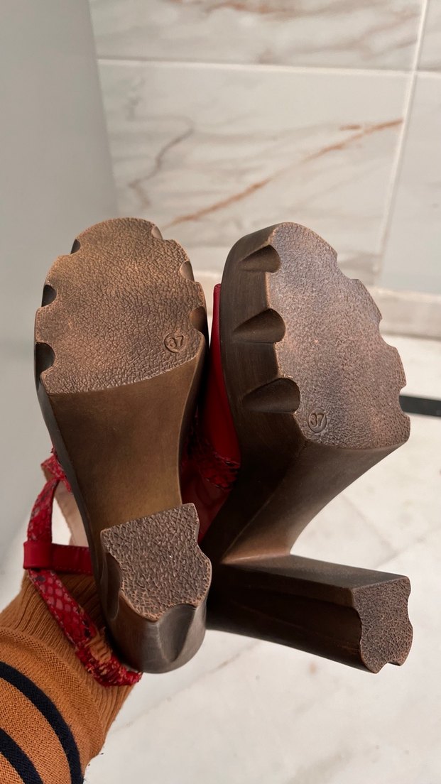 Kırmızı Yılan Desenli Platform Topuklu Kadın Ayakkabı - Görsel 4