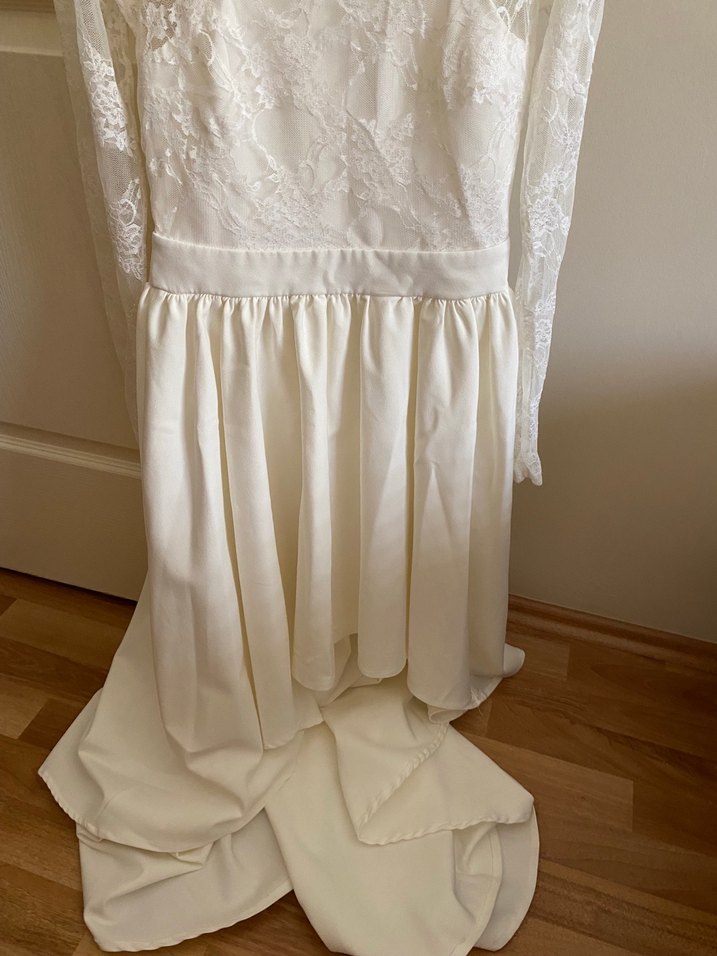 Uzun Kollu Beyaz Mini Gelinlik - Görsel 2