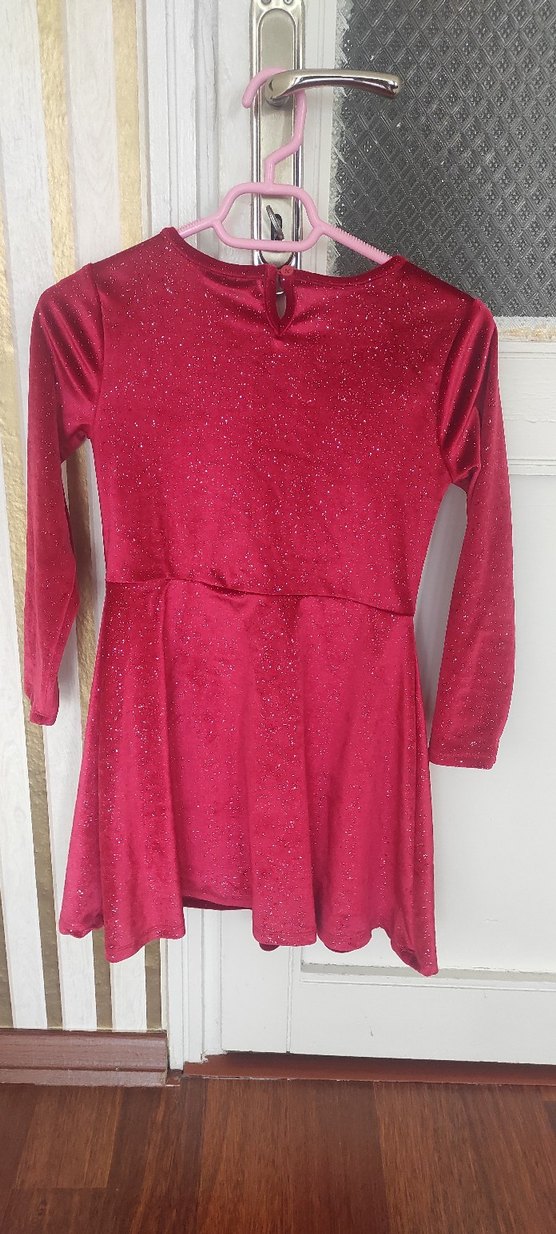 Parlak Kırmızı Uzun Kollu Kız Çocuk Elbise - Görsel 2