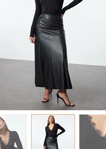 Dantel Detaylı Siyah Deri V Yaka Bluz - Görsel 2