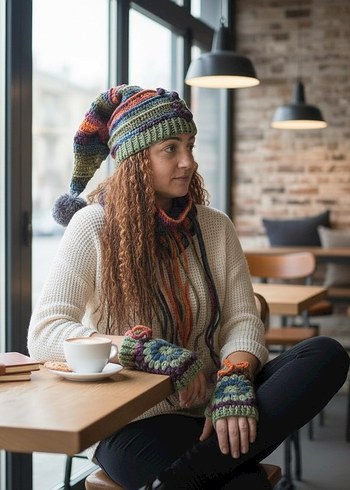 Çok Renkli Örgü Bohem Kadın Bere, boyunluk, eldiven tak7m - Görsel 3