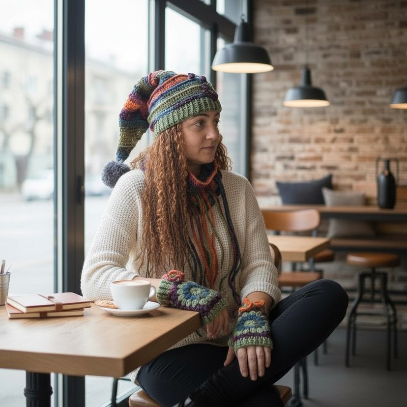 Çok Renkli Örgü Bohem Kadın Bere, boyunluk, eldiven tak7m - Görsel 3
