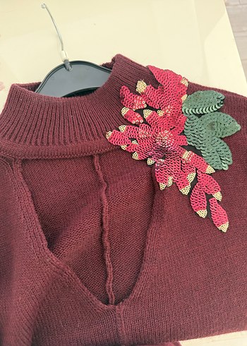 Bordo Nakışlı Bohem Kadın Kazak - Görsel 5