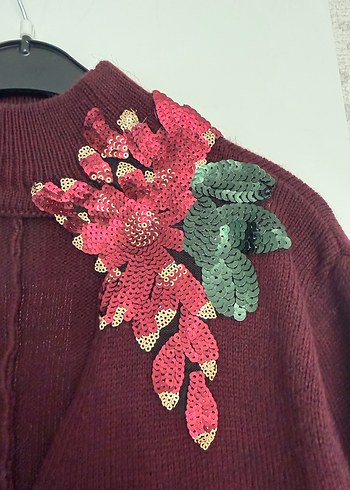 Bordo Nakışlı Bohem Kadın Kazak - Görsel 3