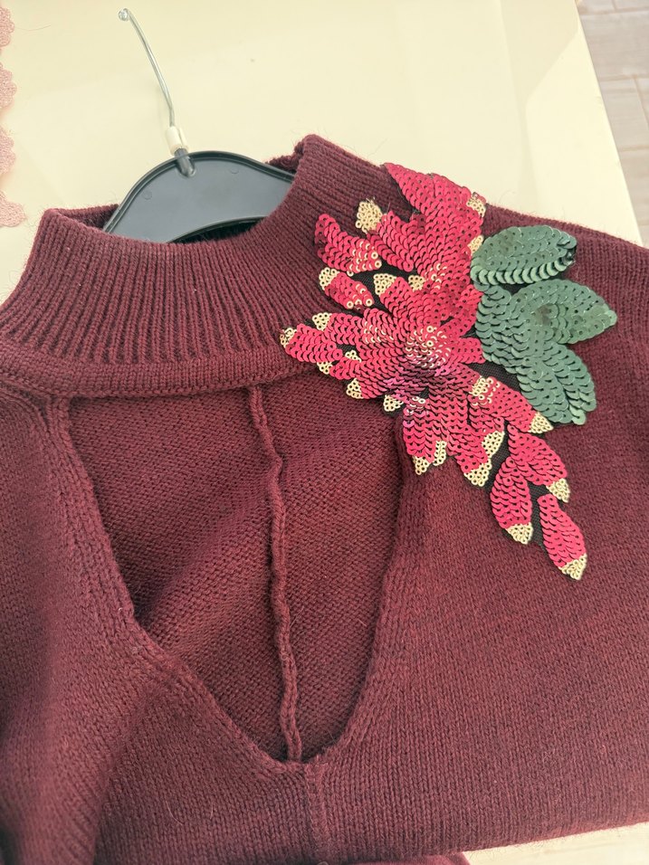 Bordo Nakışlı Bohem Kadın Kazak - Görsel 5