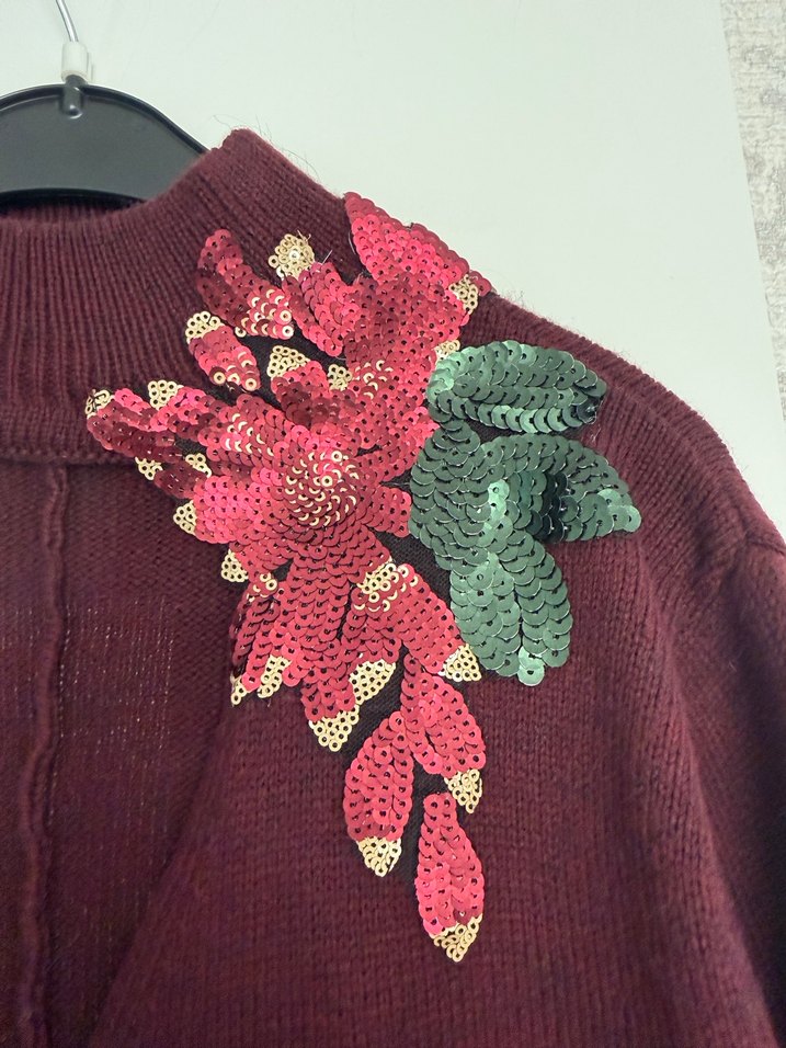 Bordo Nakışlı Bohem Kadın Kazak - Görsel 3