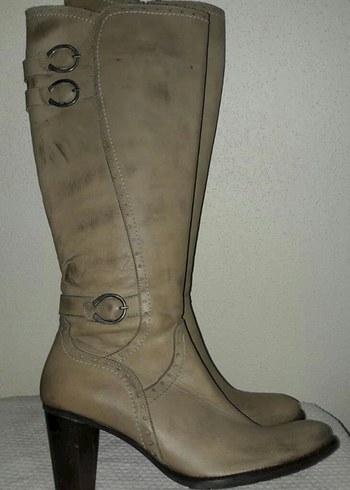 Bej Deri İnce Topuklu Diz Boyu Kadın Çizme - Görsel 3