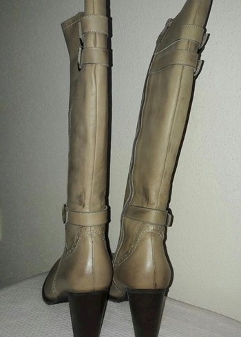 Bej Deri İnce Topuklu Diz Boyu Kadın Çizme - Görsel 2