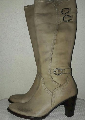 Bej Deri İnce Topuklu Diz Boyu Kadın Çizme - Görsel 4