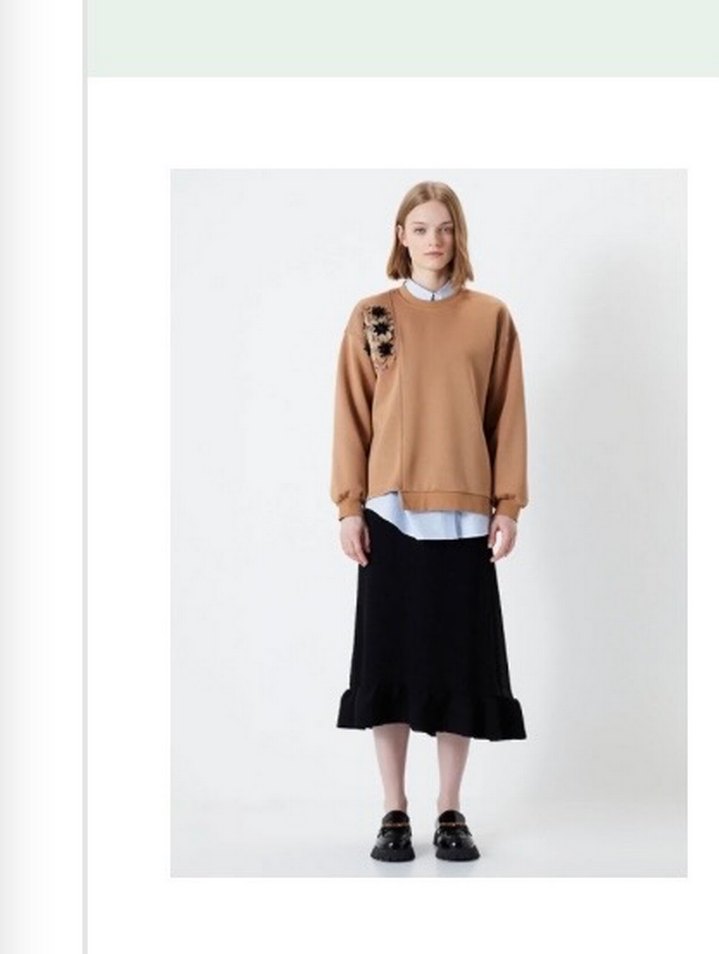 Natürel Çiçek İşlemeli Kısa Kollu Sweatshirt - Görsel 4