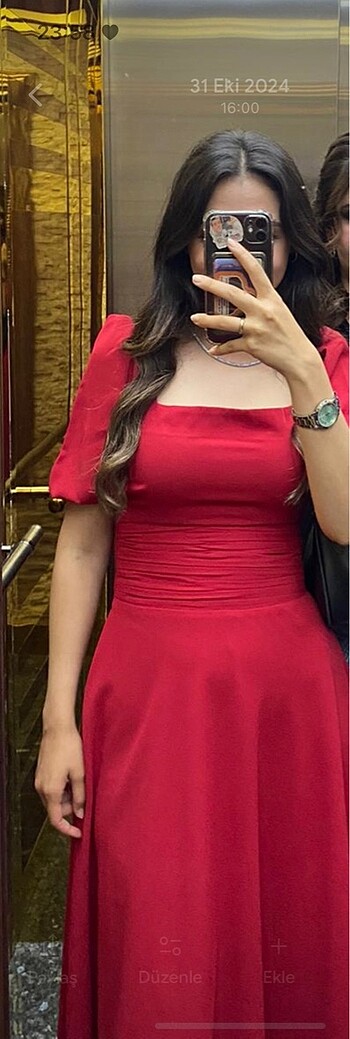 Zara Kare yaka kırmızı midi elbise