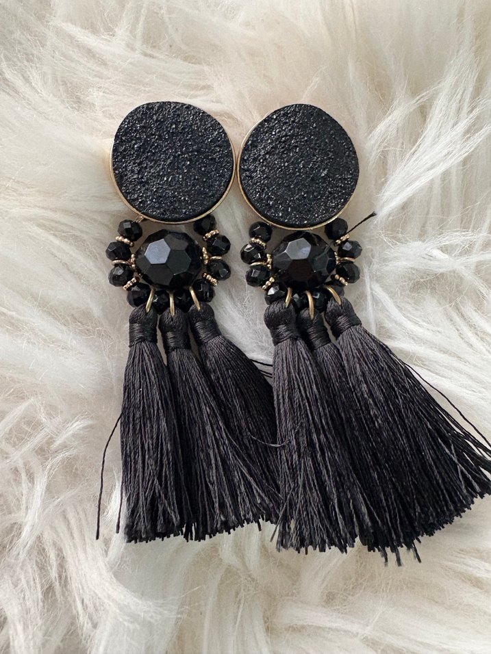 Siyah Püsküllü Bohem Uzun Küpe - Görsel 2