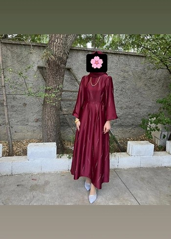 Bordo Uzun Kollu Salaş Abiye Elbise