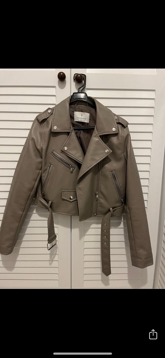 Bej Kemerli Kadın Deri Biker Ceket - Görsel 2