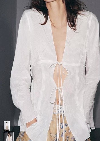 Beyaz Keten Bohem V Yaka Kadın Bluz - Görsel 4