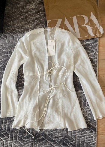 Beyaz Keten Bohem V Yaka Kadın Bluz - Görsel 2