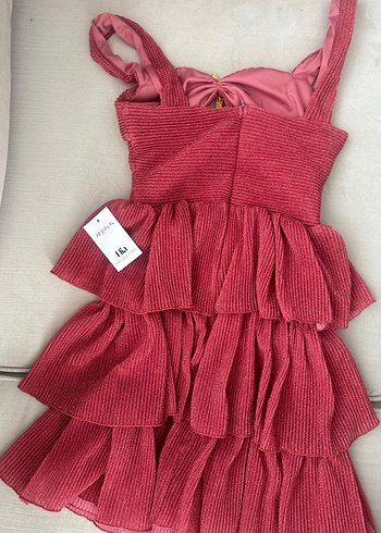 Pullu Pileli Mini Yıldız Detaylı Pembe Şık Elbise - Görsel 4