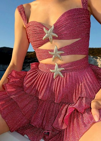 Pullu Pileli Mini Yıldız Detaylı Pembe Şık Elbise - Görsel 2