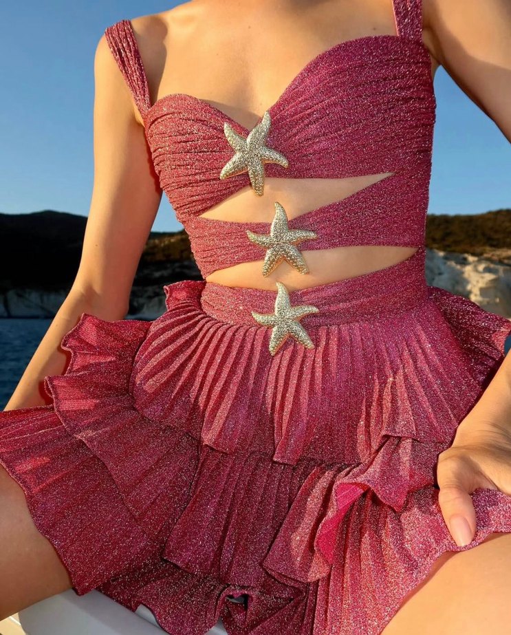 Pullu Pileli Mini Yıldız Detaylı Pembe Şık Elbise - Görsel 2