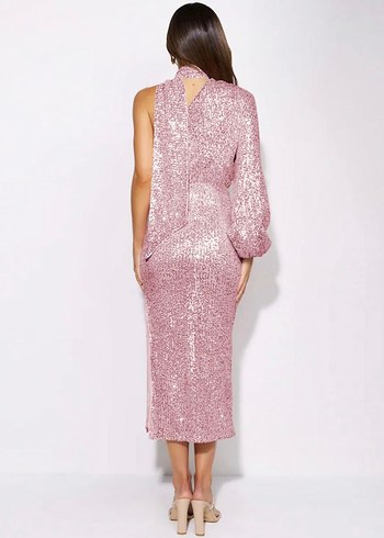 Pembe Pullu Tek Kolluk Midi Abiye Elbise - Görsel 3