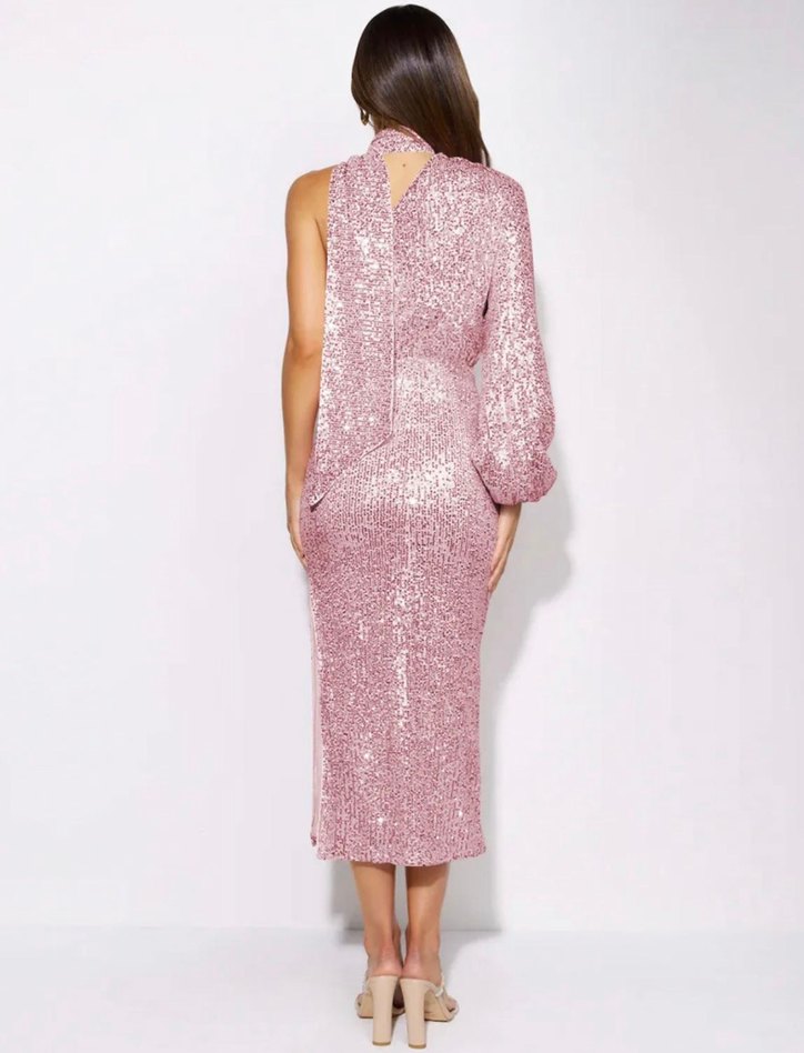 Pembe Pullu Tek Kolluk Midi Abiye Elbise - Görsel 3